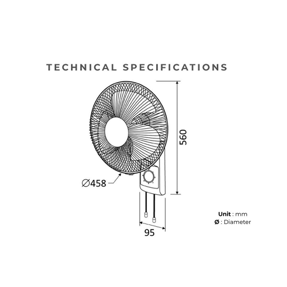 KDK M40CS 16" 3-speed Wall Fan with Pull Switch Oscillation Control - Metal Blade