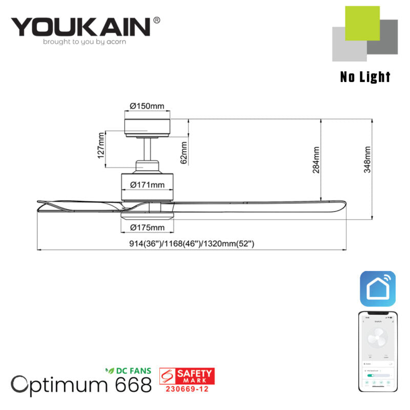 Youkain YJ-688 Smart Ceiling Fan without LED Light (Downrod)