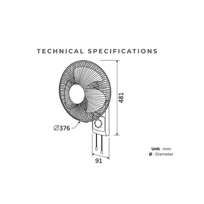 KDK M30CS  3-speed Wall Fan with Pull Switch Oscillation Control (30cm/12”)