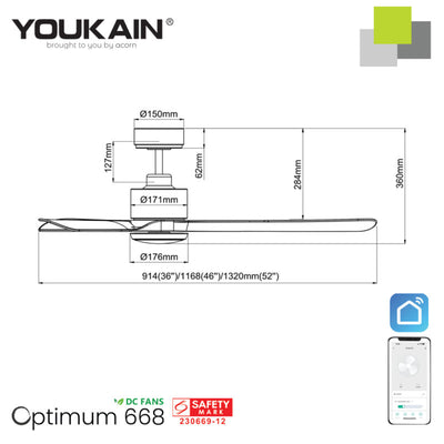 Youkain YJ-688 Smart Ceiling Fan with LED Light (Downrod)
