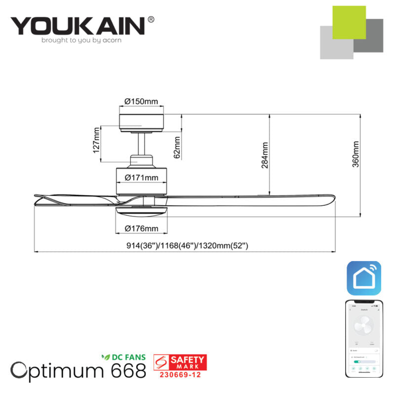 Youkain YJ-688 Smart Ceiling Fan with LED Light (Downrod)